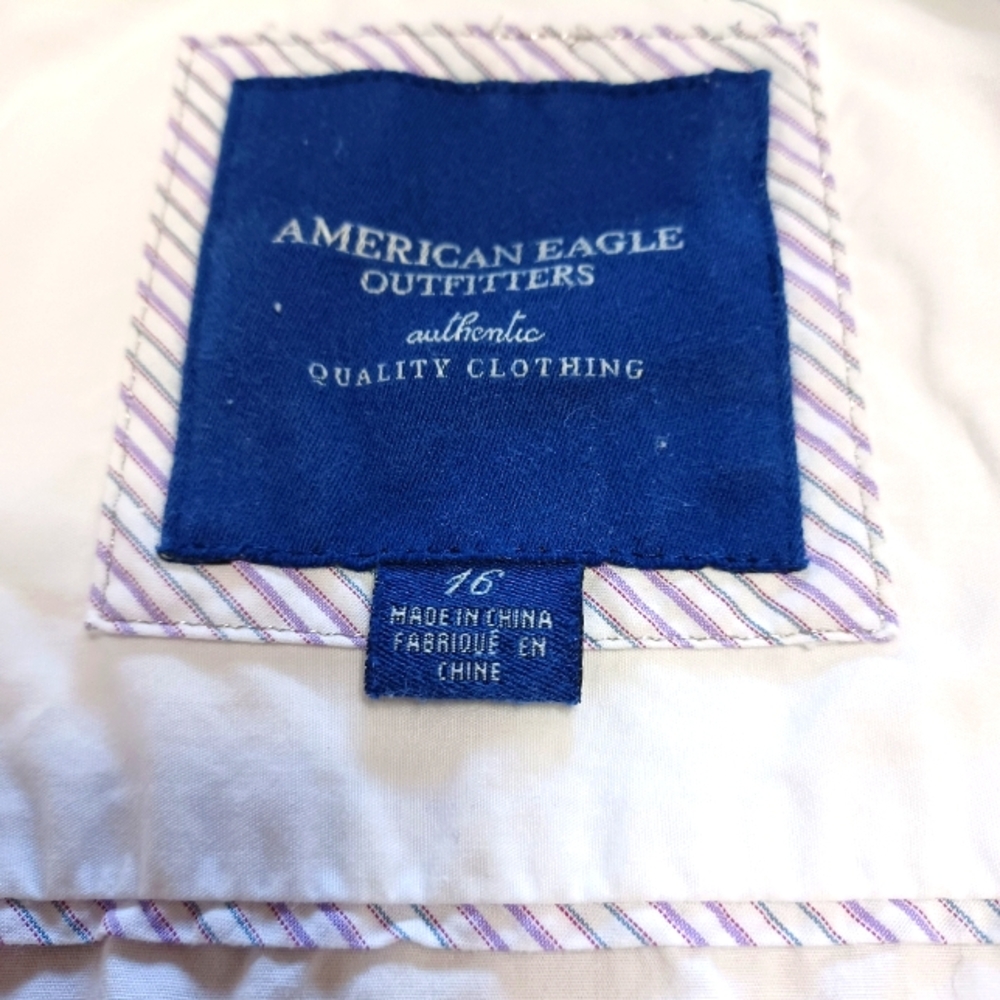 American Eagle White Shirt with Purple Stripes
